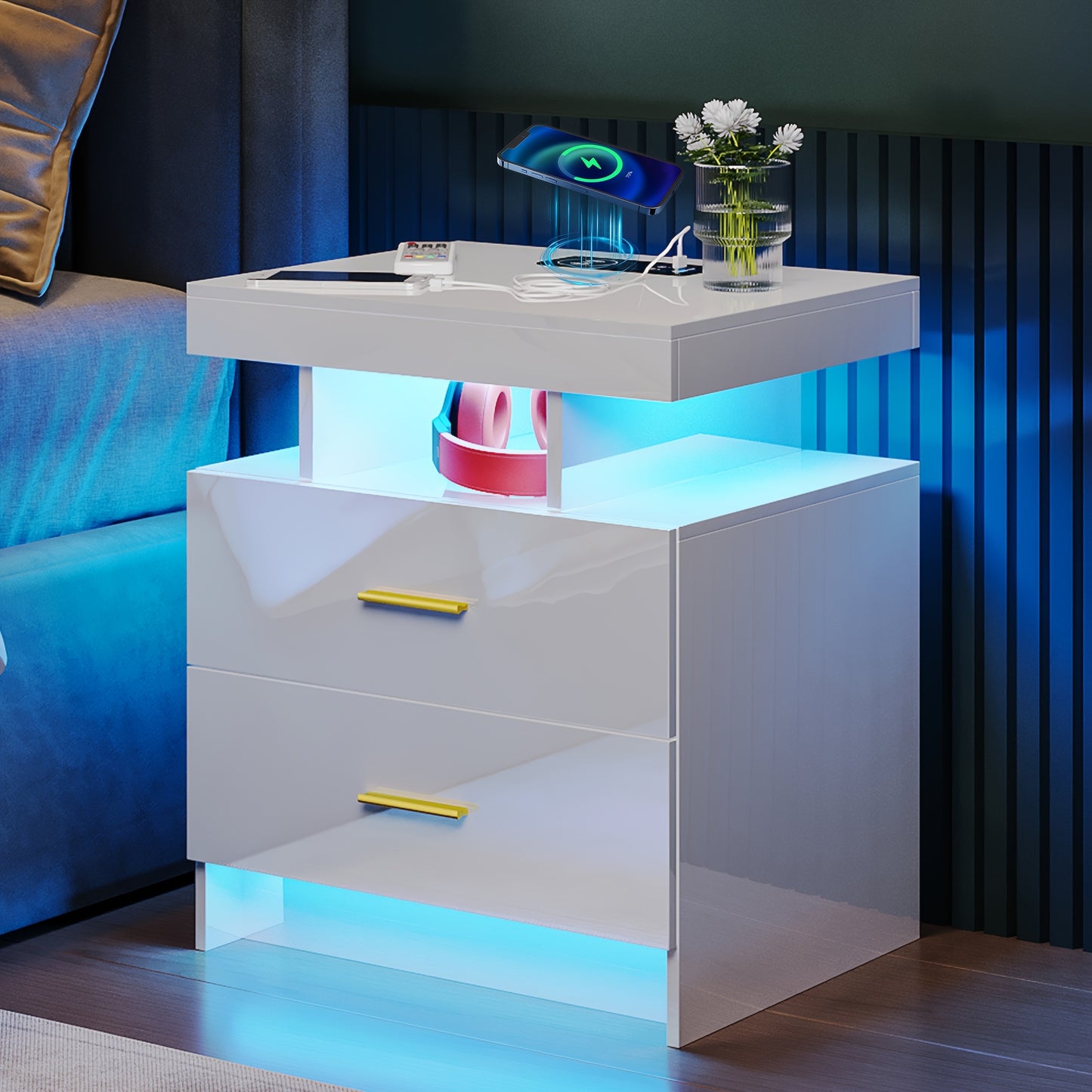 Gurexl LED Bedside Table with USB-C Charging & Motion Sensor