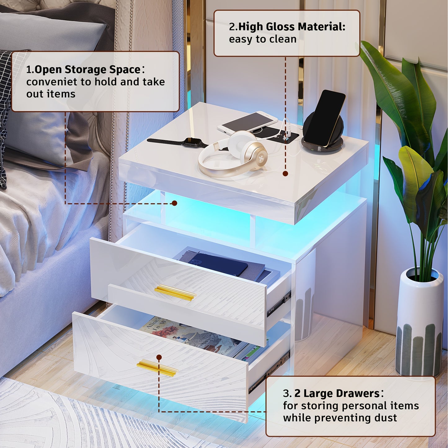 Gurexl LED Bedside Table with USB-C Charging & Motion Sensor