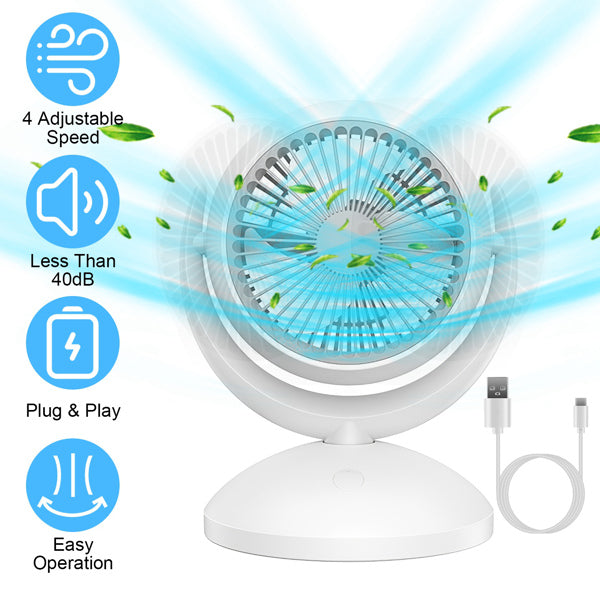 Portable Oscillating Desk Fan – 4 Speeds, 360° Tilt, Rechargeable