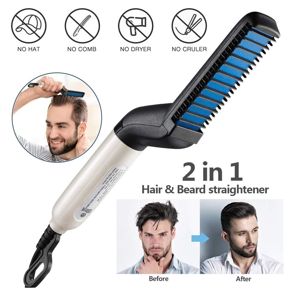 Men’s Beard & Hair Straightener Brush – Quick Heating Styler Comb 2-in-1