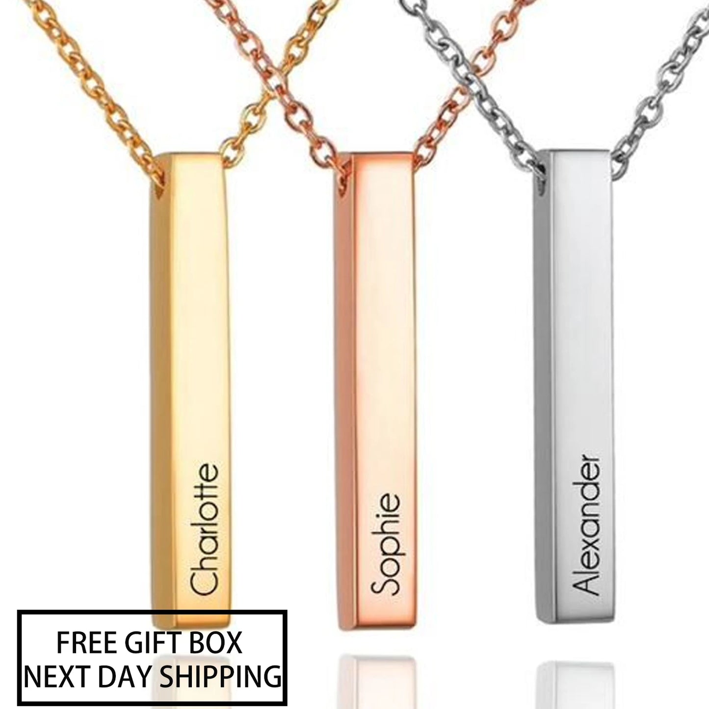 Custom Engraved 3D Name Bar Necklace – Stainless Steel Jewelry