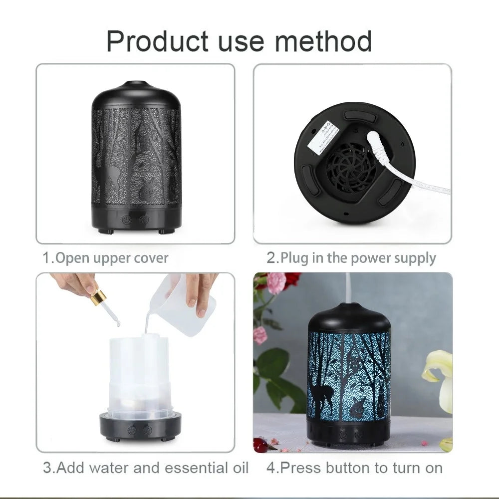 100ml Ultrasonic Aroma Diffuser – Metal Design & 7-Color LED