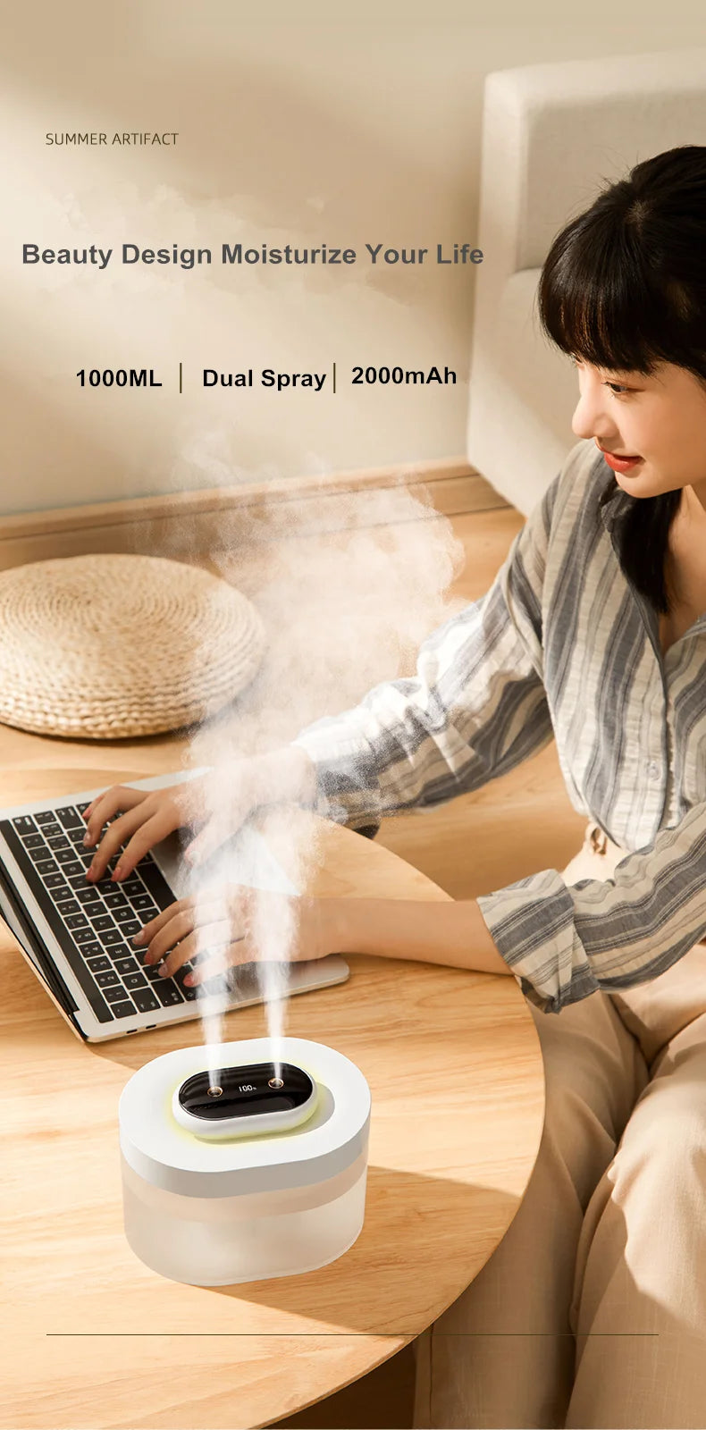 1L Double Nozzle LED Air Humidifier – Rechargeable Ultrasonic Diffuser