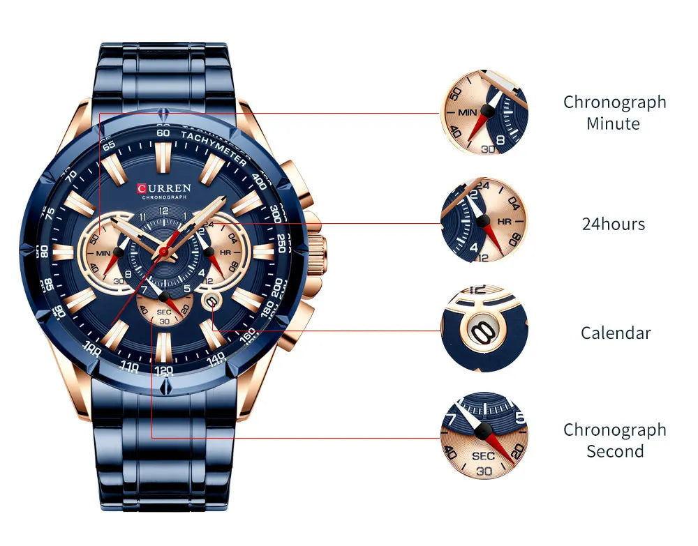 Casual Sport Chronograph Men’s Watch – Stainless Steel Band Quartz