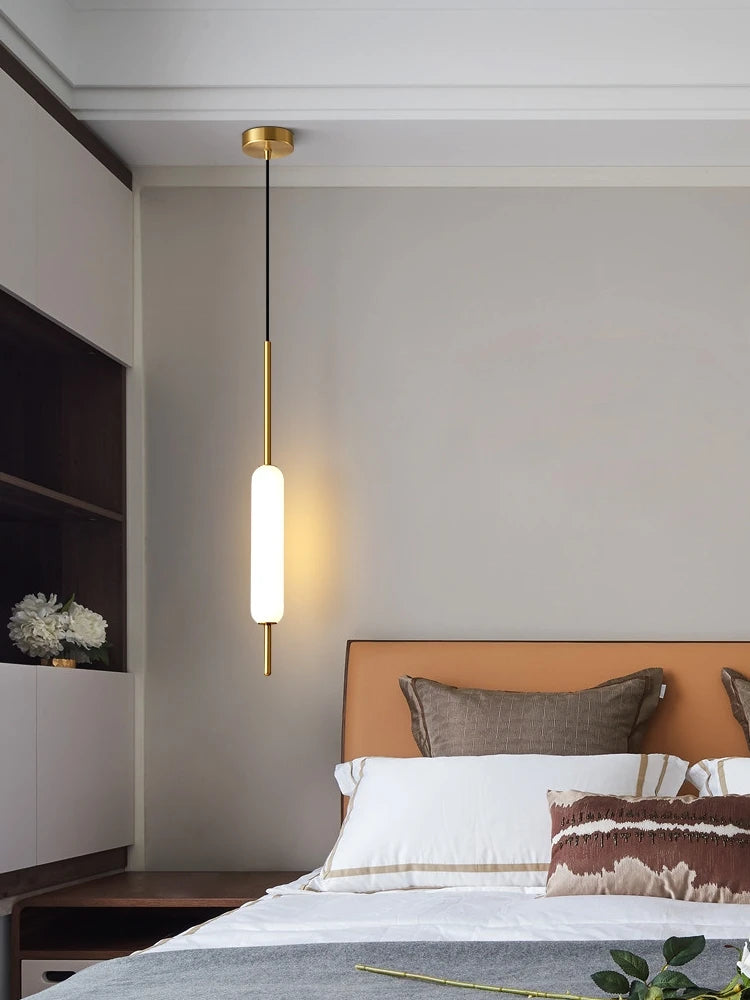 Modern LED Bedside Pendant Light – White Glass Tube, 1/2 Heads