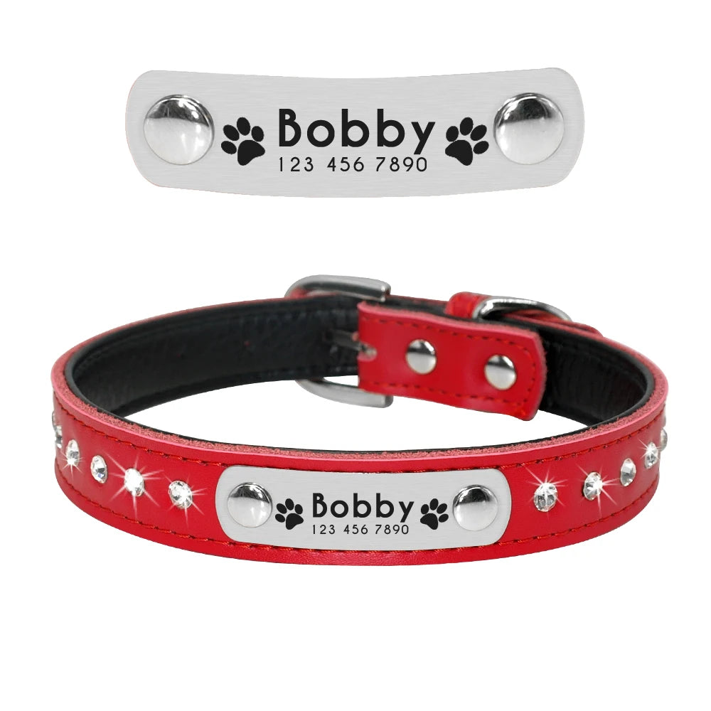Custom Leather Pet Collar – Engraved Rhinestone Dog Collar