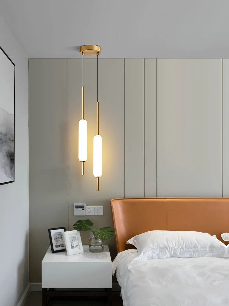 Modern LED Bedside Pendant Light – White Glass Tube, 1/2 Heads