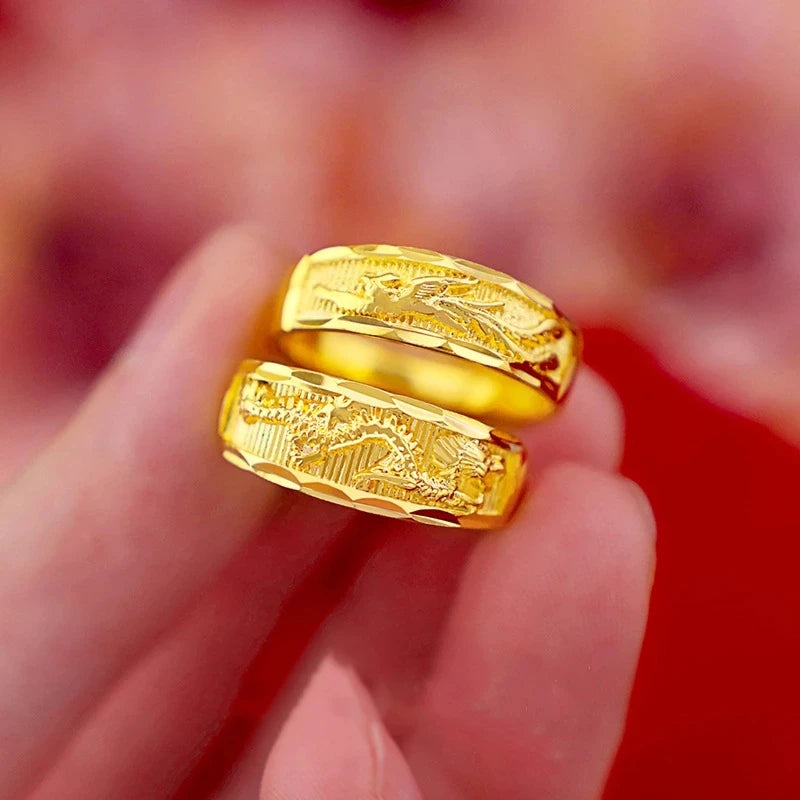 Gold Color Opening Rings for Couples – Dragon & Phoenix Design