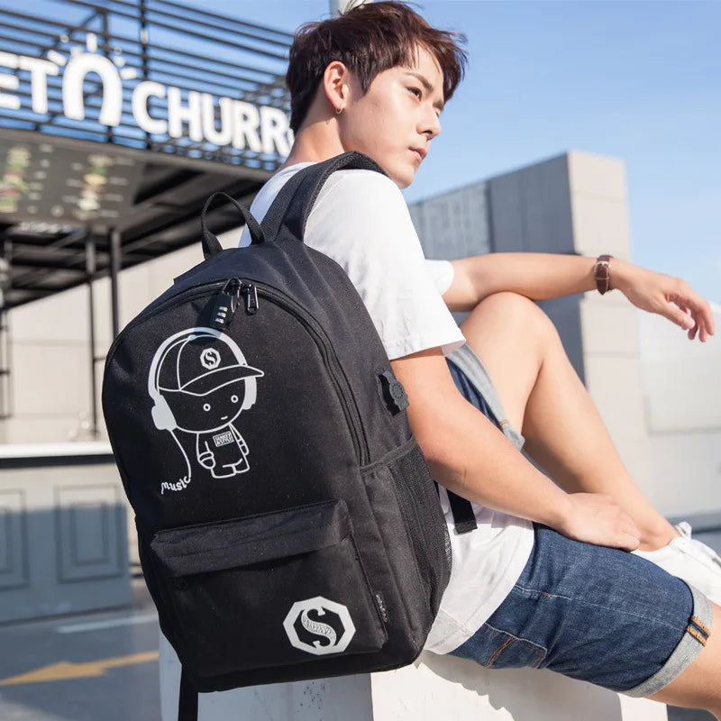Luminous Anti-Theft Backpack – USB Charging Canvas Laptop Bag