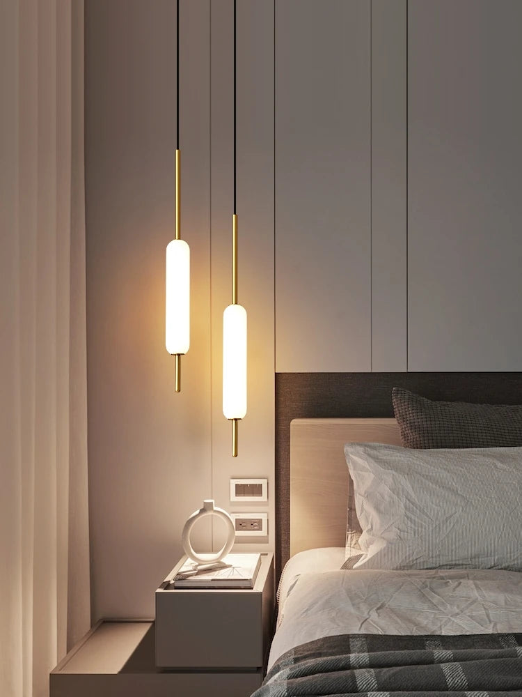 Modern LED Bedside Pendant Light – White Glass Tube, 1/2 Heads