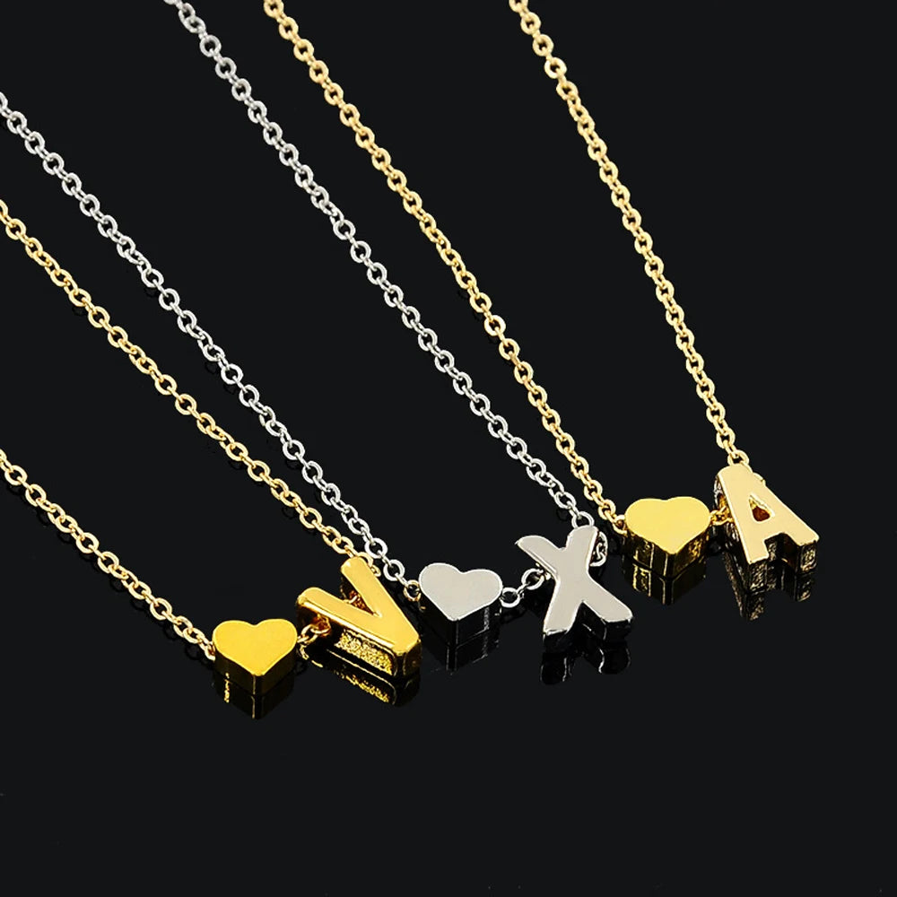Dainty Initial Necklace with Tiny Heart – Gold & Silver Choker