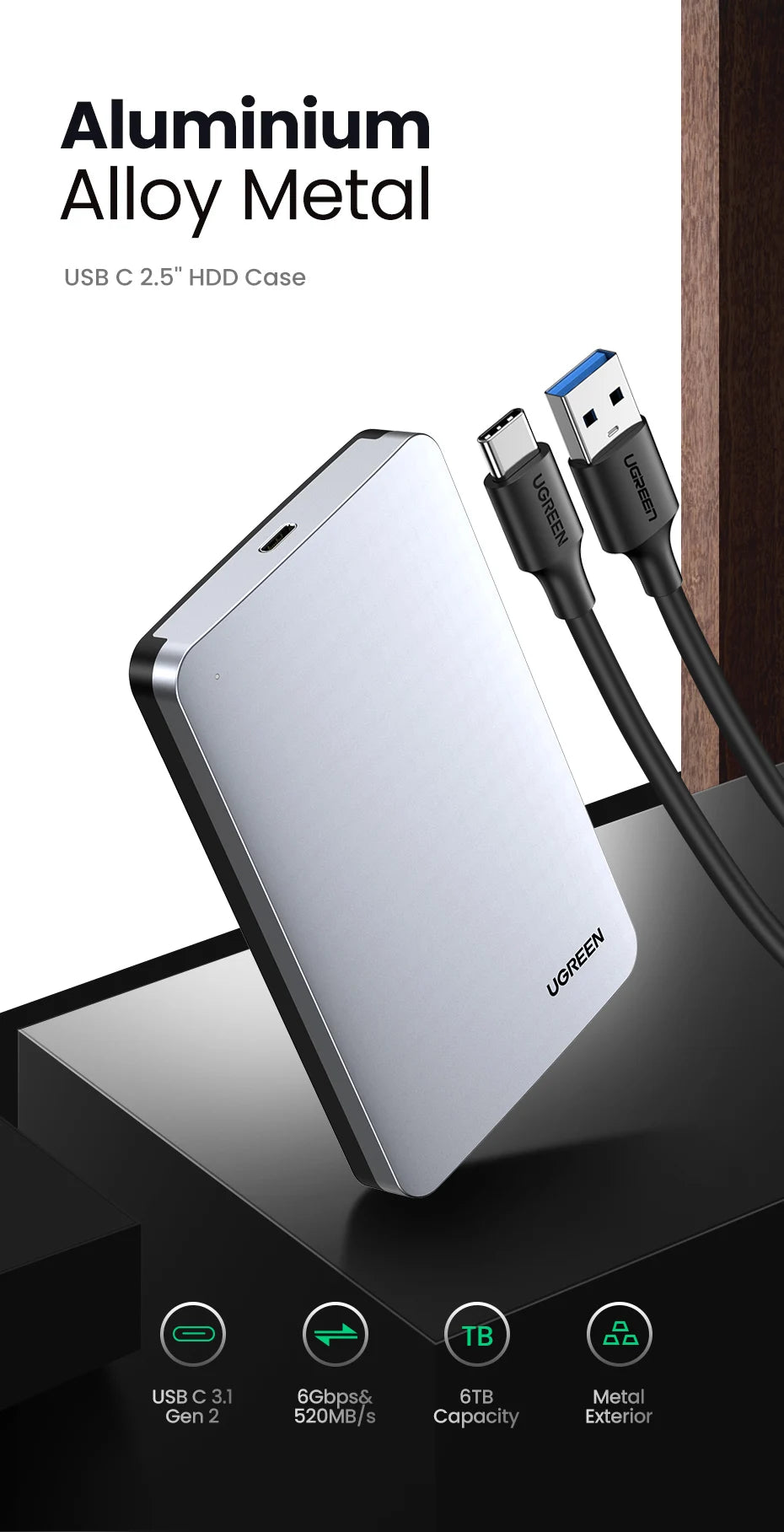 2.5" SATA to USB-C 3.1 Gen 2 HDD SSD Enclosure Aluminum Case