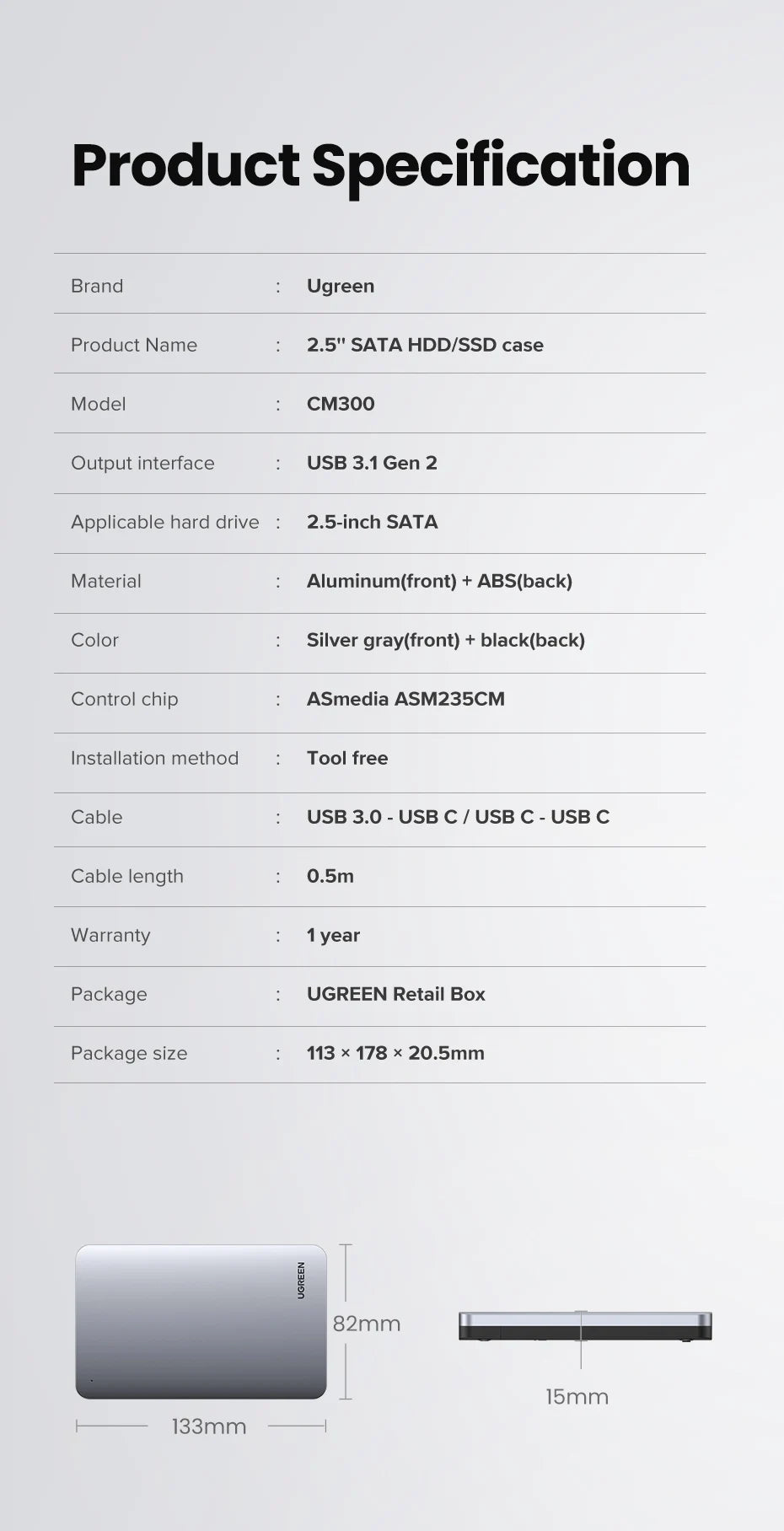 2.5" SATA to USB-C 3.1 Gen 2 HDD SSD Enclosure Aluminum Case
