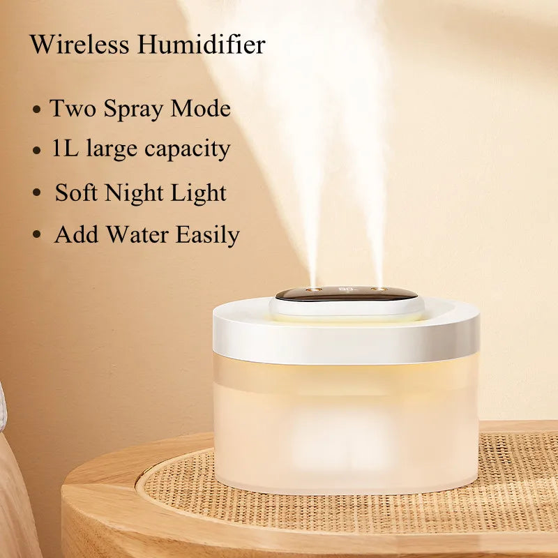 1L Double Nozzle LED Air Humidifier – Rechargeable Ultrasonic Diffuser