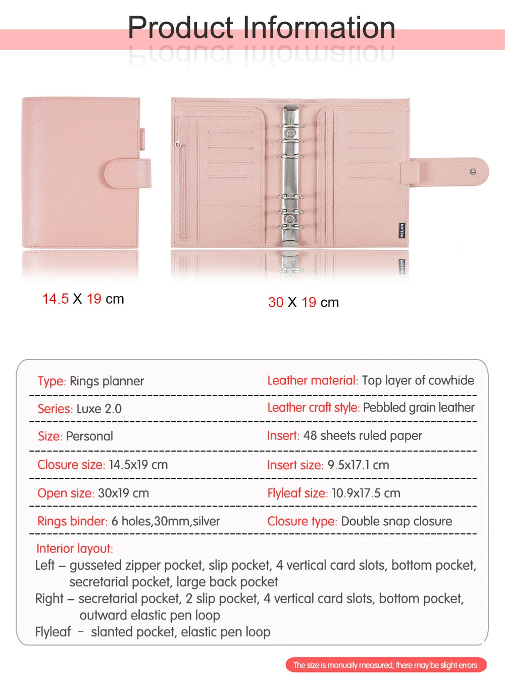 Personal Size Planner – 30mm Rings, Genuine Pebbled Grain Leather