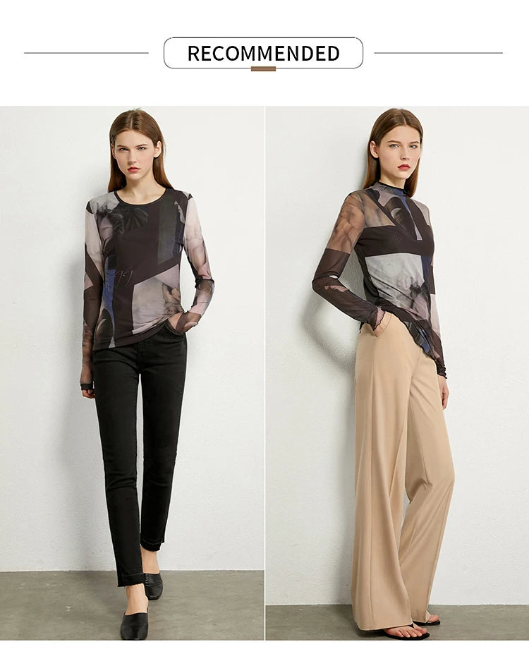 Women’s Long Sleeve Mesh Print T-Shirt – Slim Trendy Spring Top