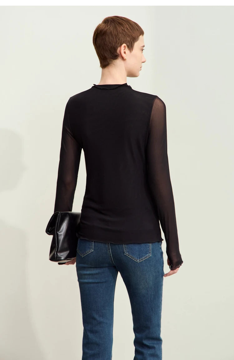 Women’s Mesh Half-High Neck Slim T-Shirt – Retro Office Spring Top