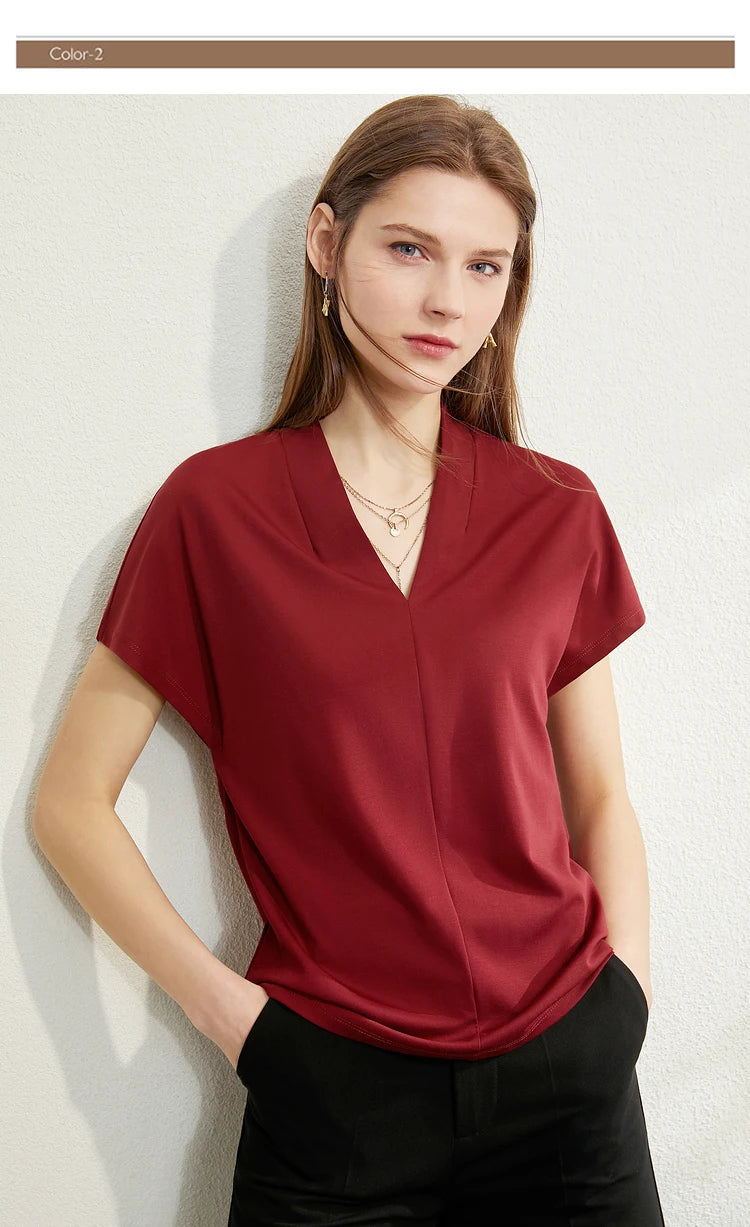 Women’s Classic V-Neck Short Sleeve T-Shirt – Casual Solid Stretch Top