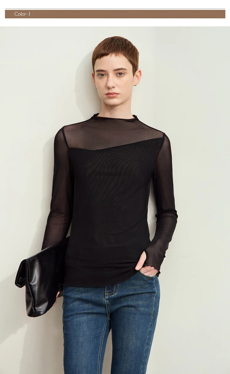 Women’s Mesh Half-High Neck Slim T-Shirt – Retro Office Spring Top
