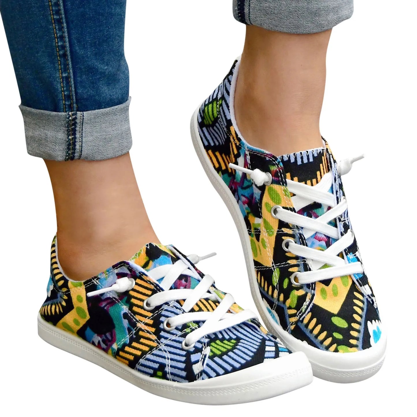Women’s Floral Lace-Up Sneakers – Lightweight Casual Flat Shoes