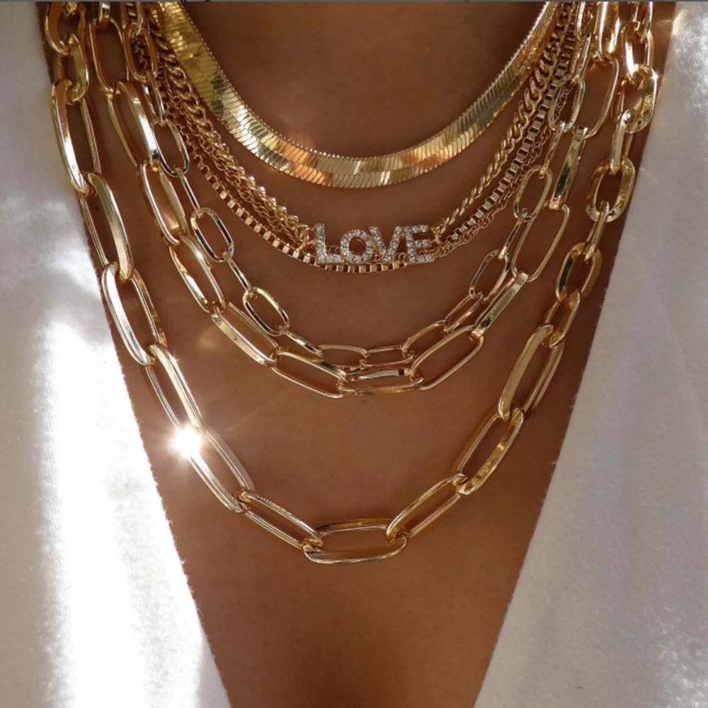 Layered Gold Tone Necklace Set – 5pcs Braided & Beaded Chains