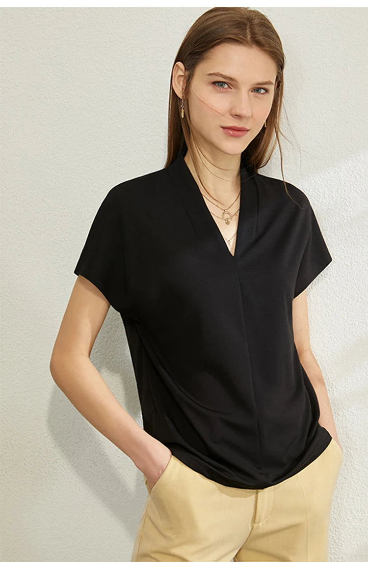 Women’s Classic V-Neck Short Sleeve T-Shirt – Casual Solid Stretch Top