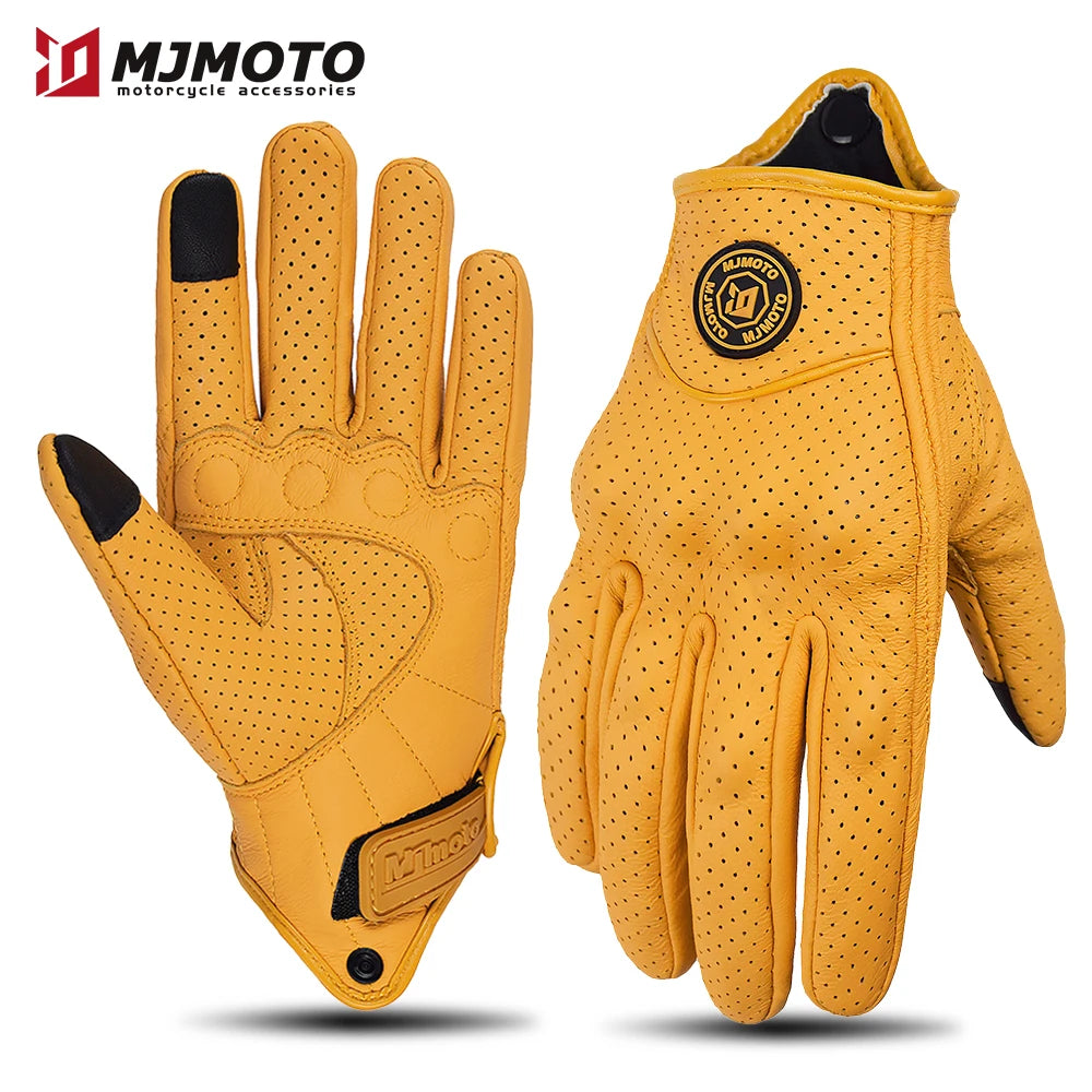 Retro Yellow Leather Motorcycle Gloves for Men & Women