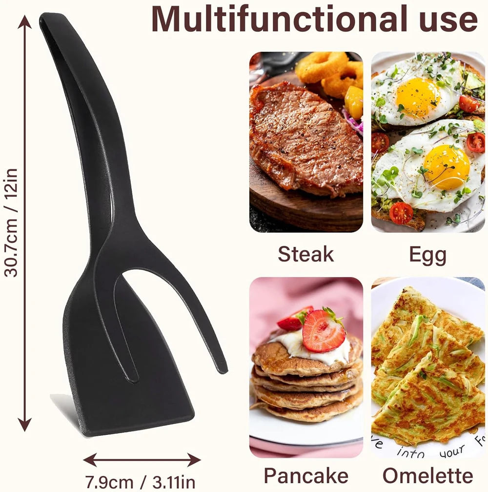 2-in-1 Grip Flip Spatula Tongs - Nylon Non-Stick Egg Flipper for Pancakes, Fish