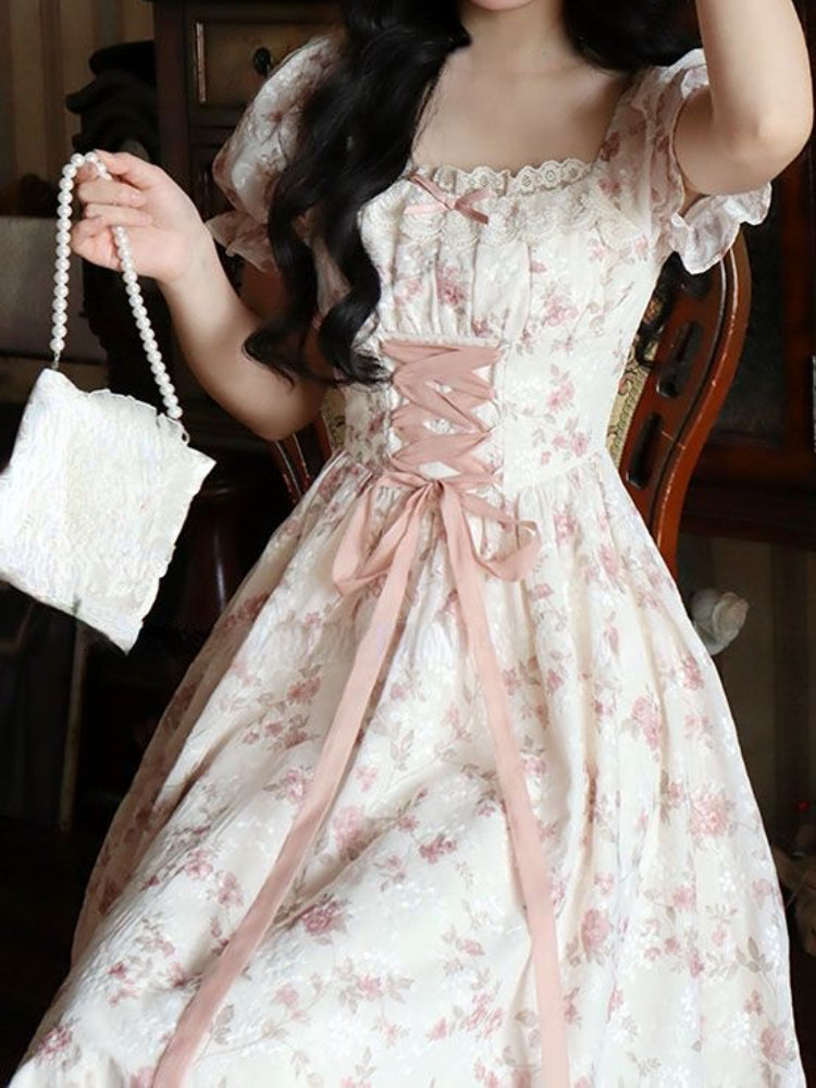 Women’s Summer Lace Fairy Dress – Square Collar Floral Princess Dress