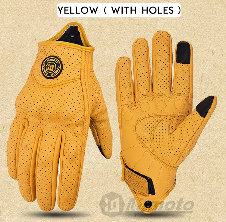 Retro Yellow Leather Motorcycle Gloves for Men & Women