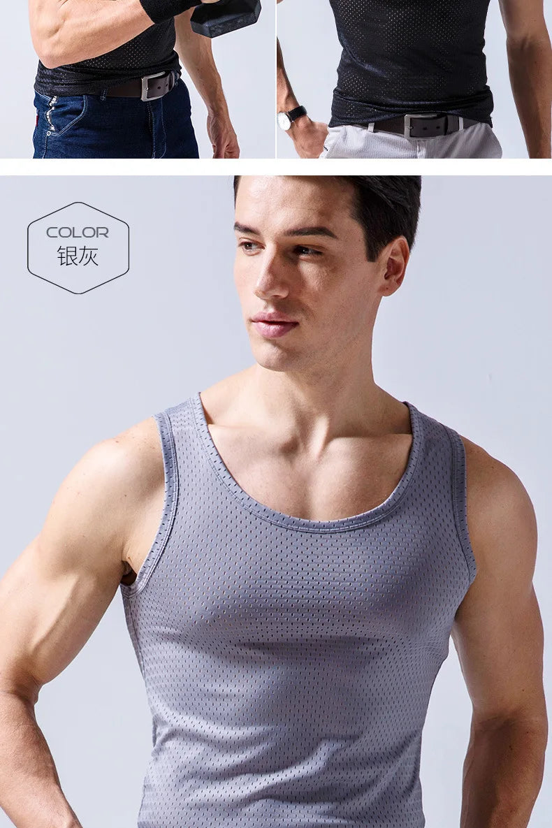 Men’s Ice Silk Mesh Tank Top Bodybuilding Fitness Vest
