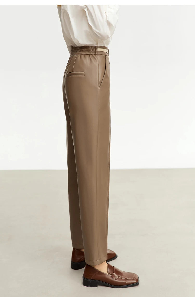Women’s PU Leather Casual Pants – Loose Straight Floor-Length Trousers