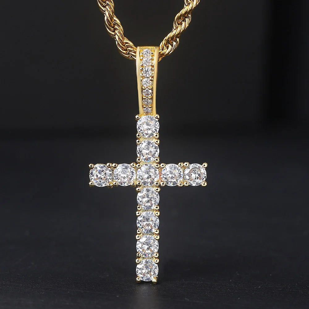 Unisex Gold Iced-Out Hip Hop Cross Pendant Necklace – Statement Chain