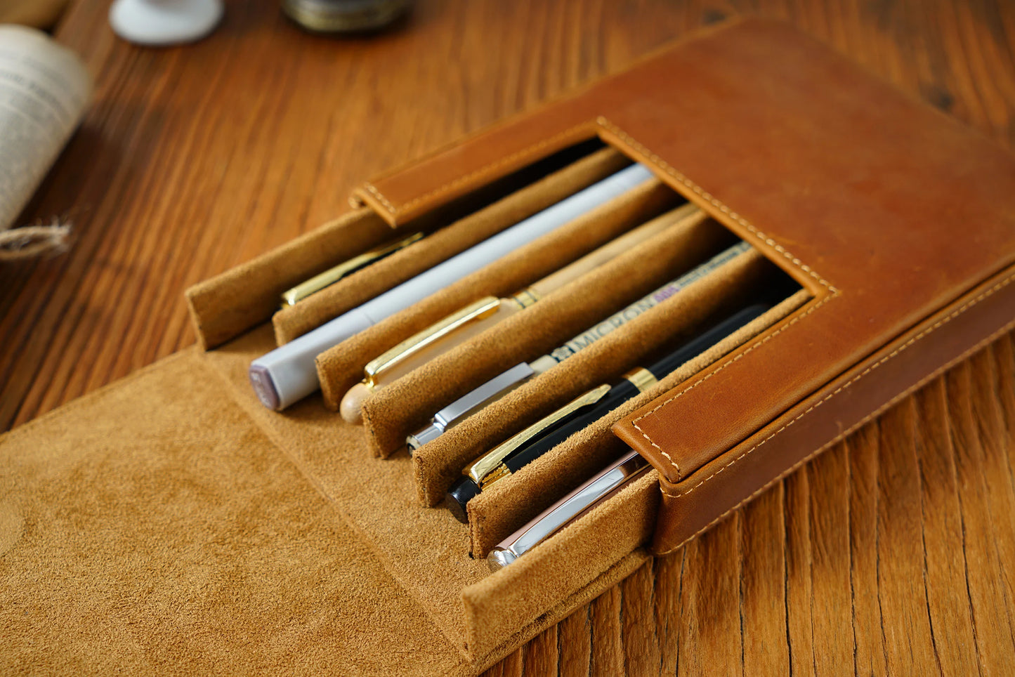 Vintage Genuine Leather Pen Pouch – 6-Slot Removable Tray Case