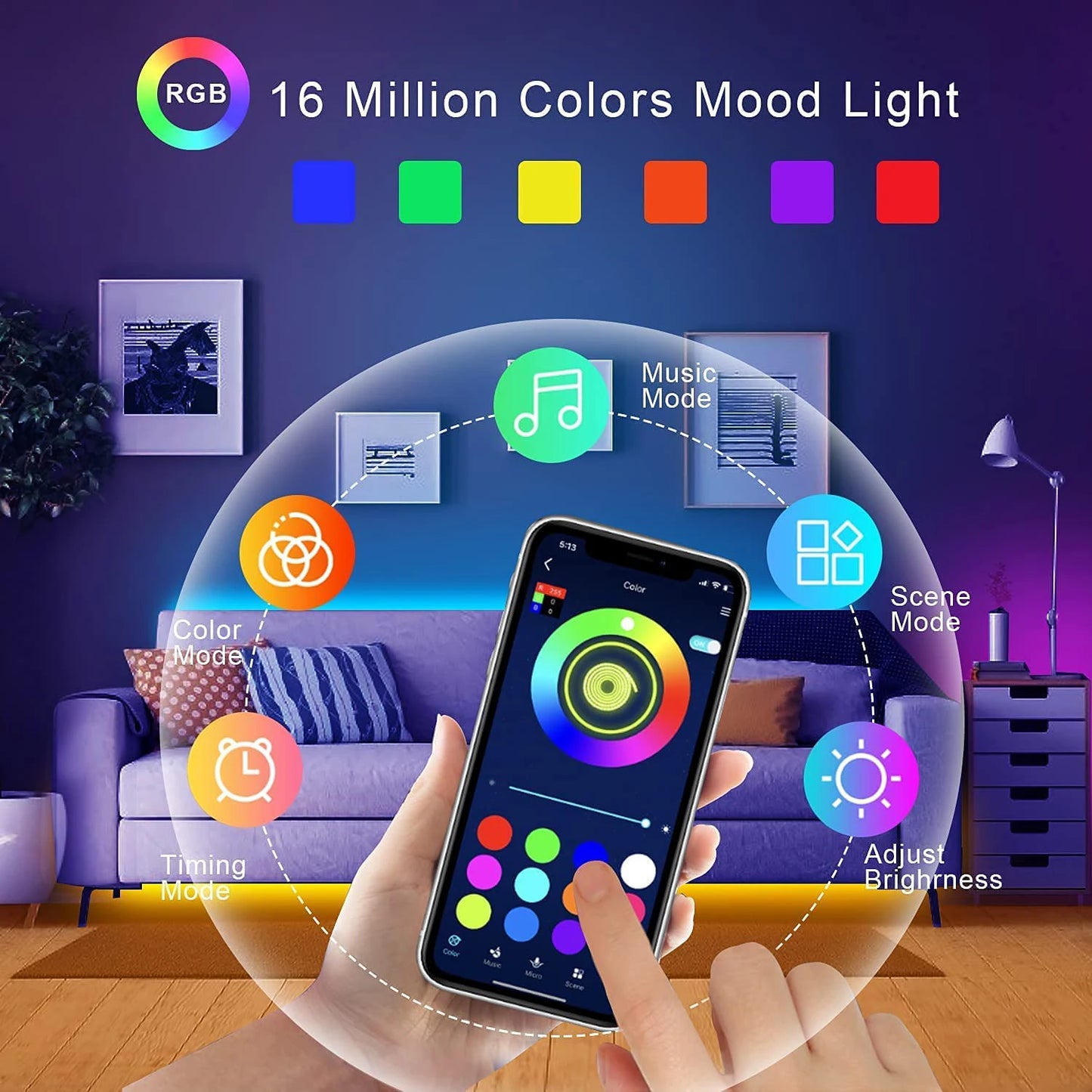 RGB LED Strip Lights – Flexible Room Decor with App & Remote Control