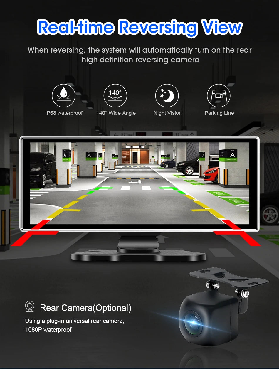 4K Dual Lens Car DVR Dash Cam with CarPlay, Android Auto, GPS, WiFi
