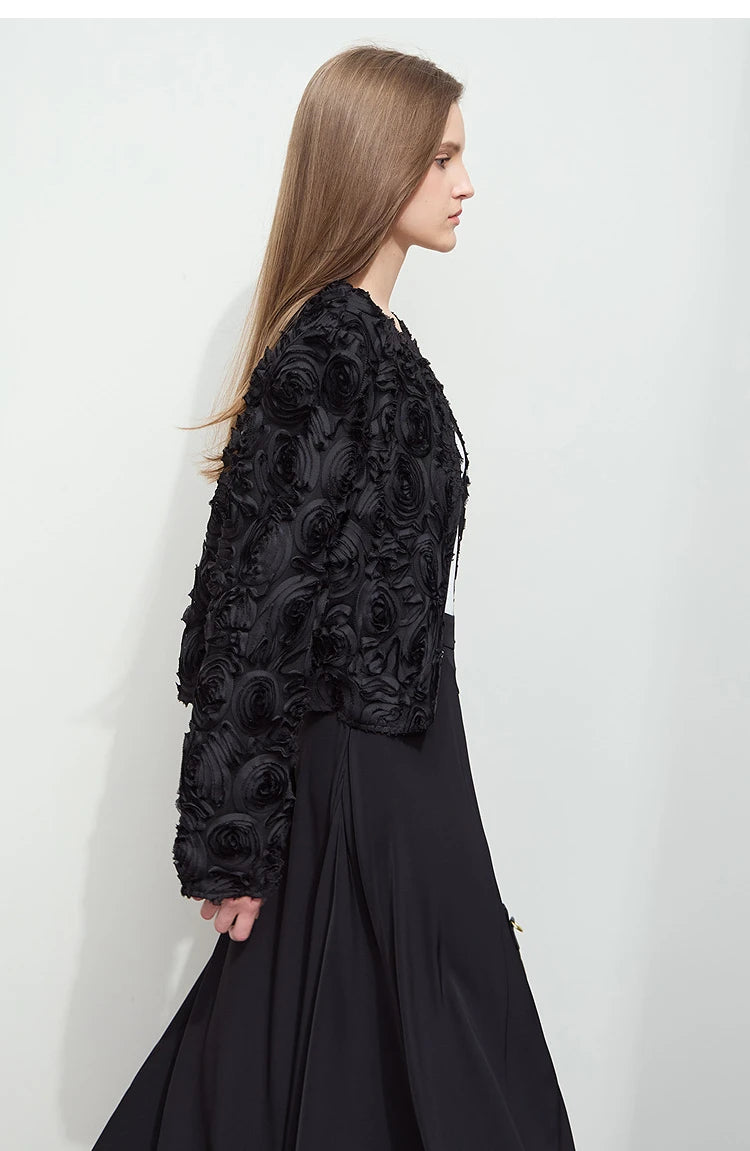 Women’s Elegant Short Jacket – Romantic Flower O-Neck Hook Button Coat