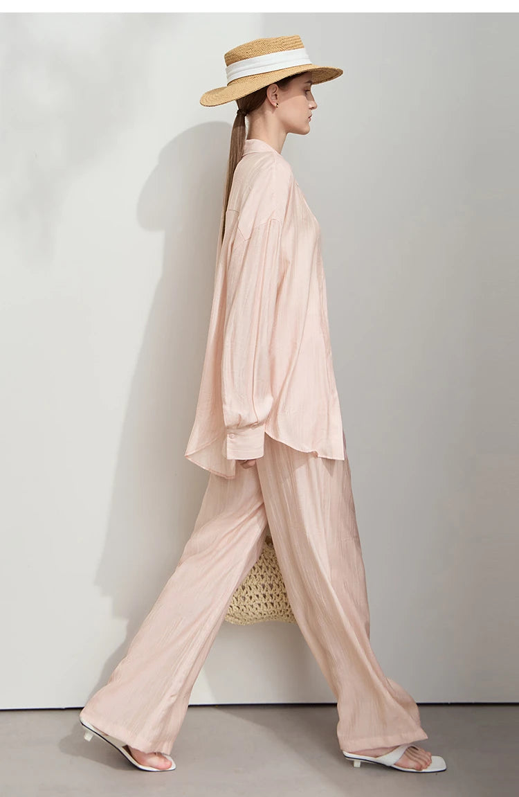 Women’s Casual Shirt & Wide Leg Pants – Spring Basic Separate Set