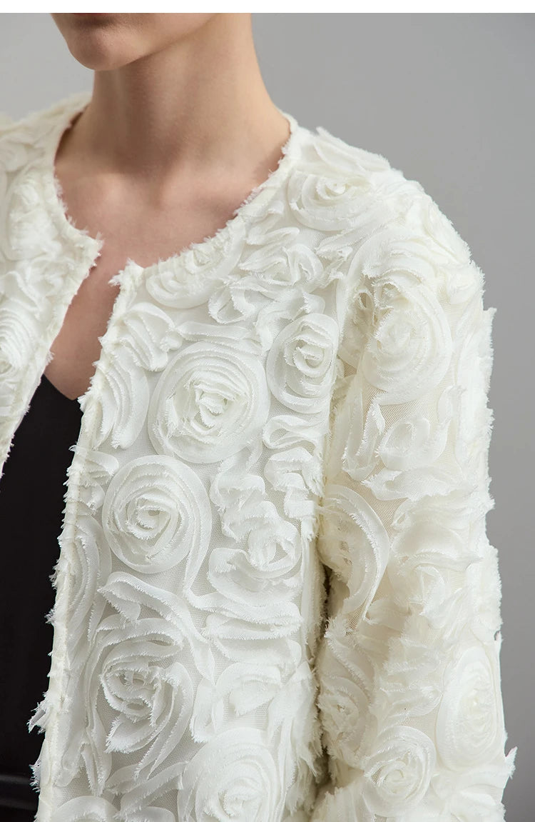 Women’s Elegant Short Jacket – Romantic Flower O-Neck Hook Button Coat