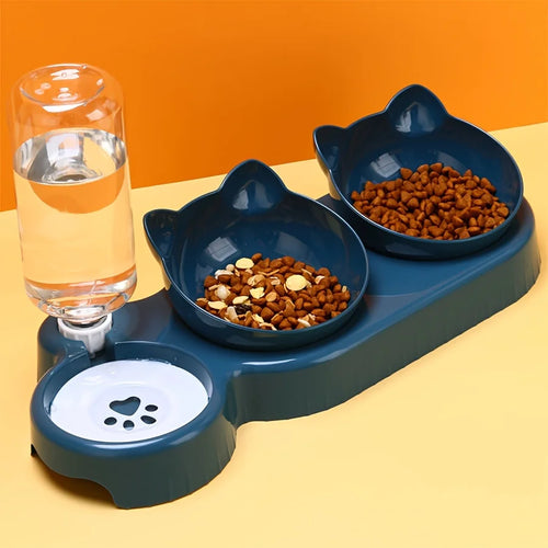 3-in-1 Cat Bowl Set with Tilted Design & Gravity Water Feeder