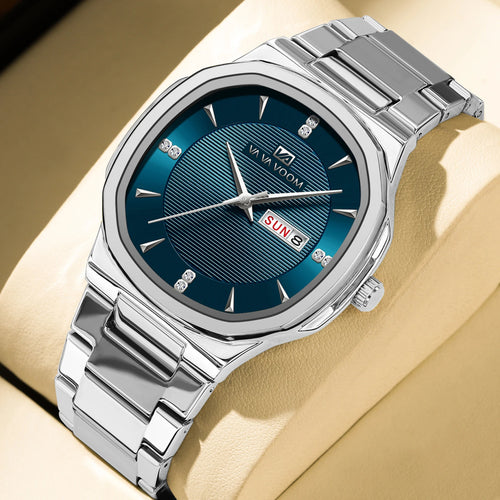 Luxury Diamond Men’s Watch – Stainless Steel Dual Date & Week Display