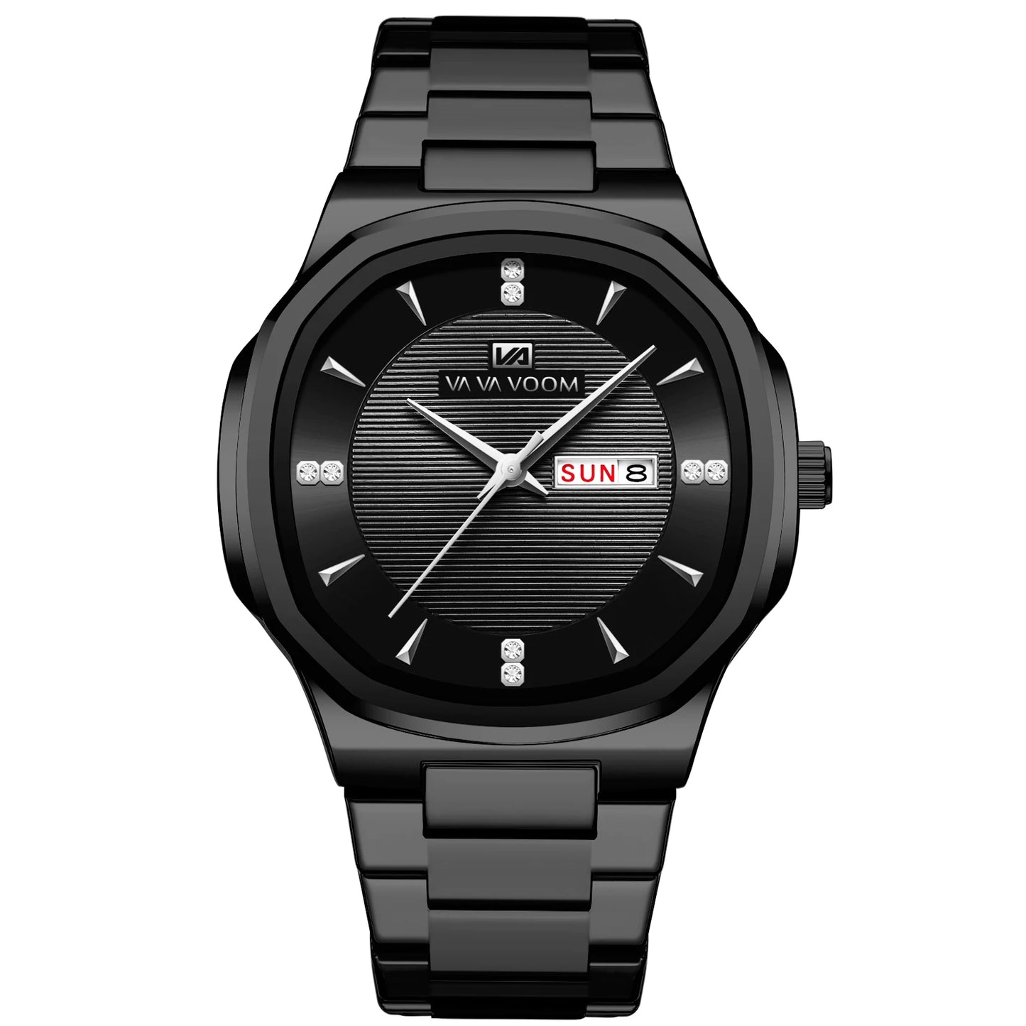 Luxury Diamond Men’s Watch – Stainless Steel Dual Date & Week Display