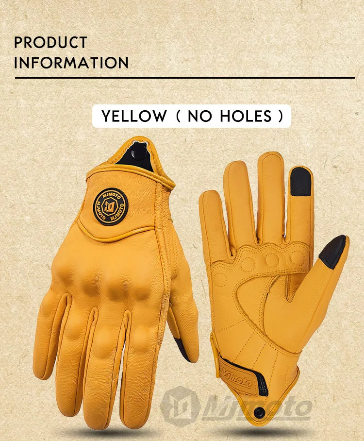Retro Yellow Leather Motorcycle Gloves for Men & Women