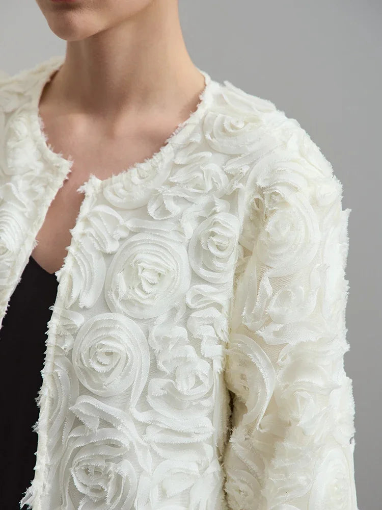 Women’s Elegant Short Jacket – Romantic Flower O-Neck Hook Button Coat