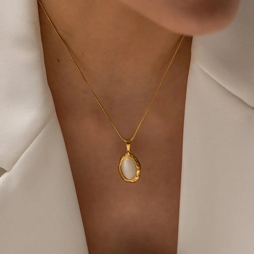 18K Gold Plated Cat Eye Opal Pendant Necklace – Oval Fashion Jewelry
