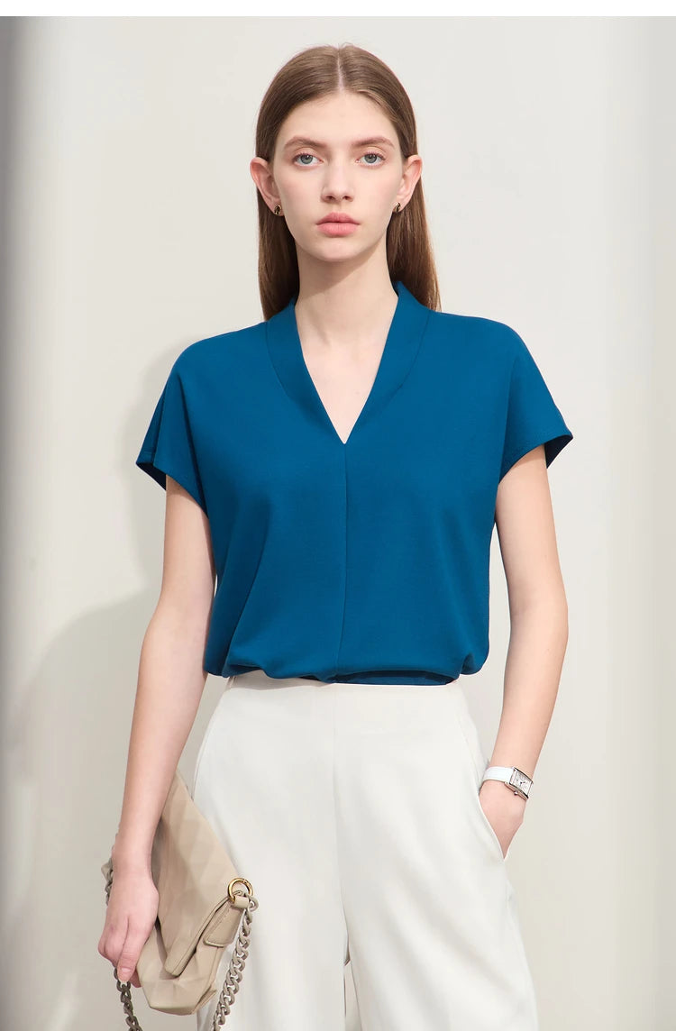 Women’s Classic V-Neck Short Sleeve T-Shirt – Casual Solid Stretch Top