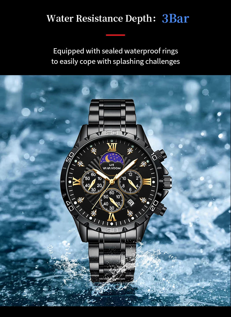 43mm Stainless Steel Men’s Quartz Watch – Diamond Night Glow