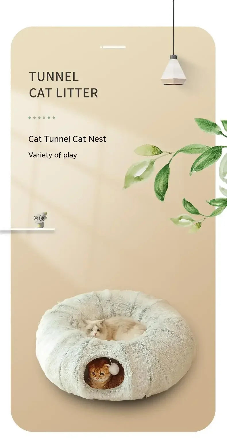 Plush Donut Cat Bed with Tunnel & Peephole – Indoor Fluffy Hideout