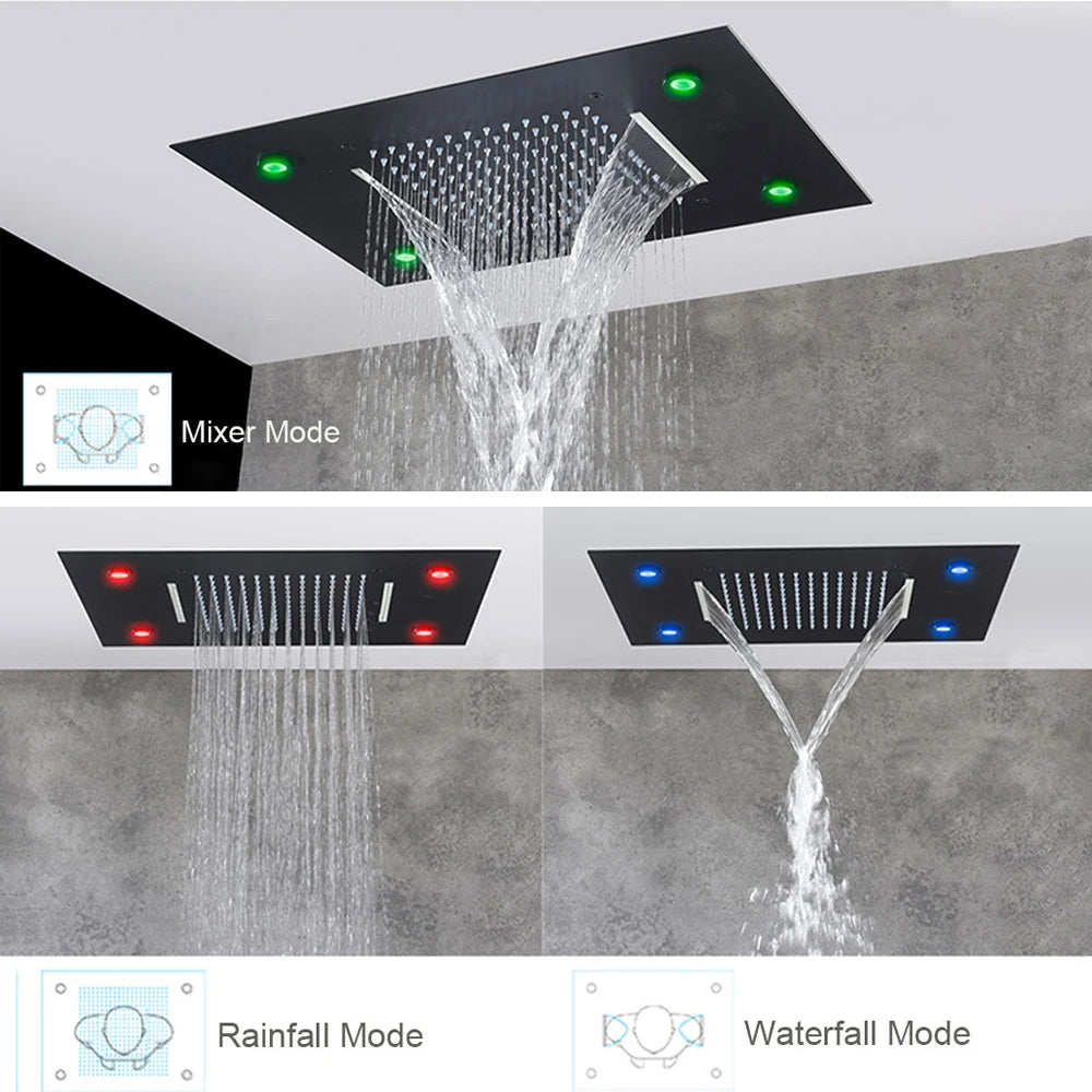 Black LED Rainfall Shower Head | Remote Control Ceiling Waterfall Tap