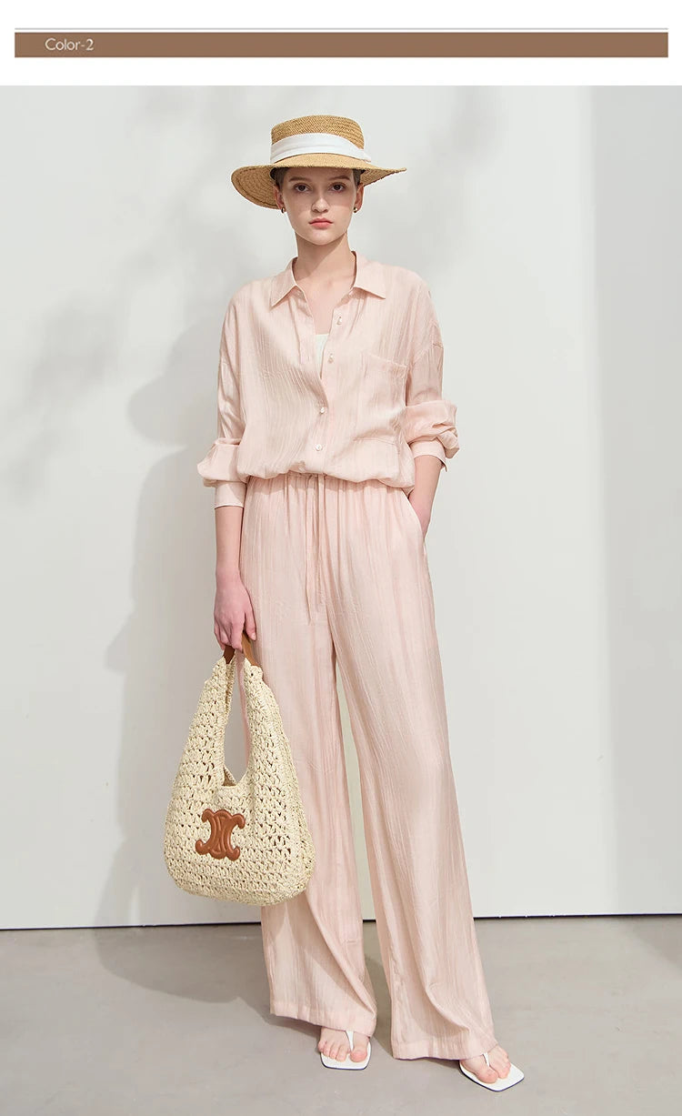 Women’s Casual Shirt & Wide Leg Pants – Spring Basic Separate Set